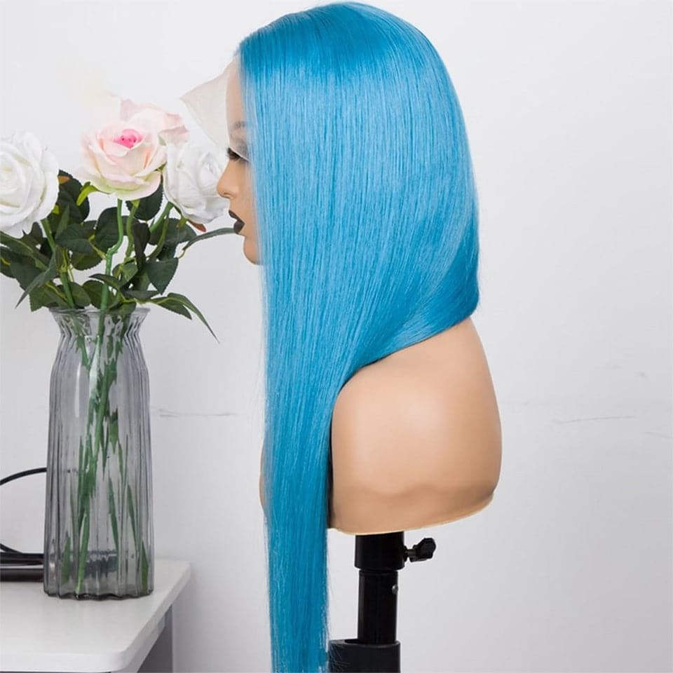 Lake Blue Straight HD Lace Front Wig Colored Human Hair With Baby Hair