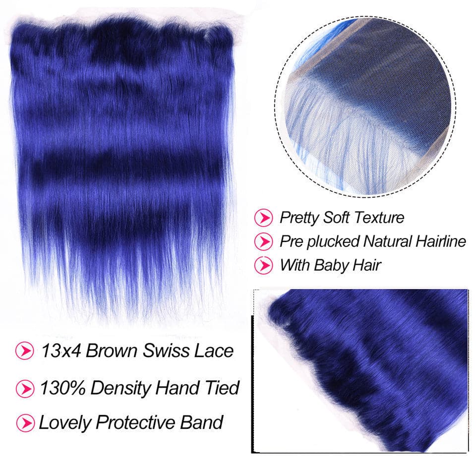Straight / Body Wave Klein Blue 3 Bundles avec 13x4 HD Lace Front Colored Hair 