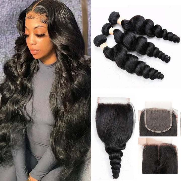 28 30 40 Inch Loose Wave Hair 3 Bundles With 4x4 Lace Closure Remy Brazilian 100% Human Hair Weave