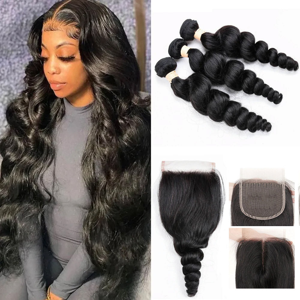 28 30 40 Inch Loose Wave Hair 3 Bundles With 4*4*1 T part Lace Closure Remy Brazilian 100% Human Hair Weave