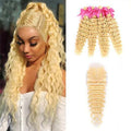 613 Blonde Deep Wave 4 Bundles with 4x4 closure with transparent lace for women