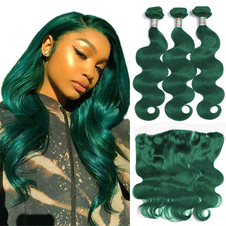 Straight / Body Wave Dark Green 3 Bundles with 13x4 HD Lace Frontal Hair