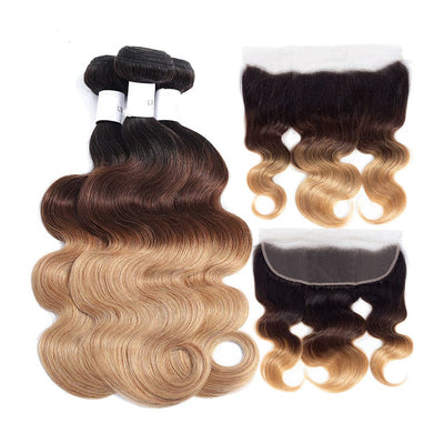Colored 1B/4/27 Blonde Body Wave 4 Bundles With 13X4 Lace Frontal