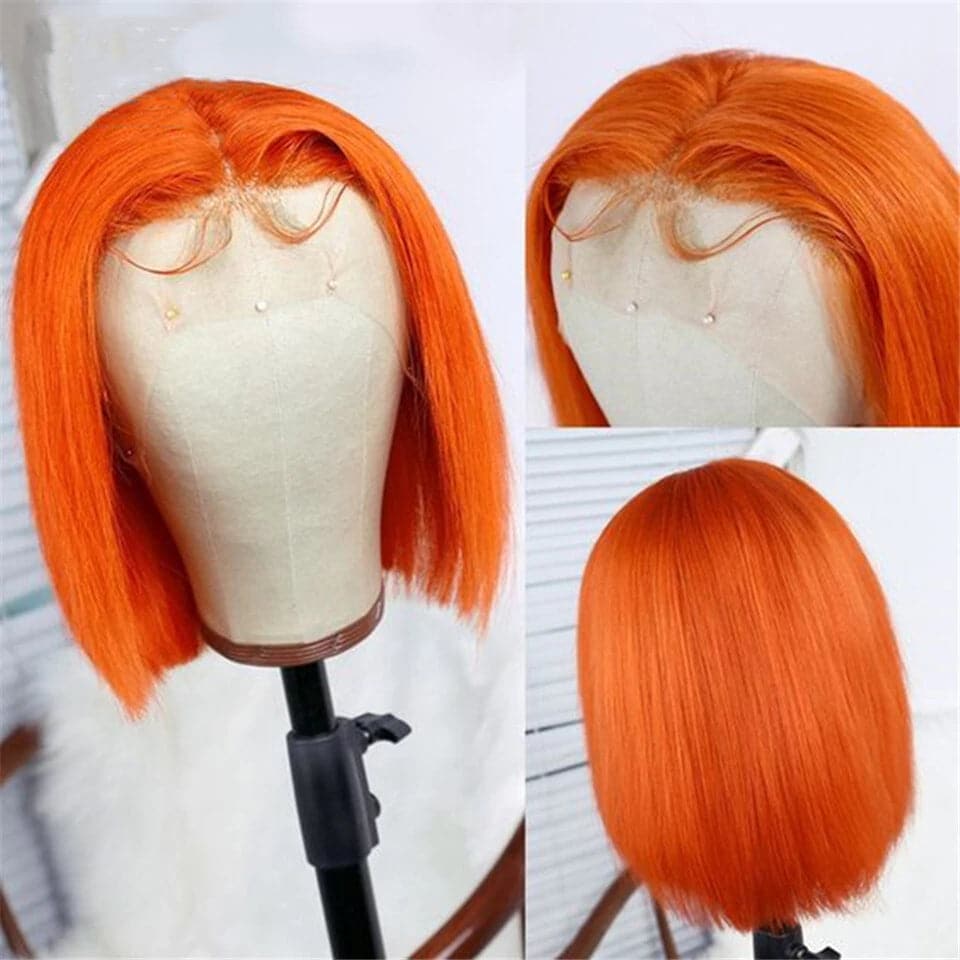 Orange Short Bob Colored Wigs For Girls HD Lace Front Human Hair Wigs 180 Density