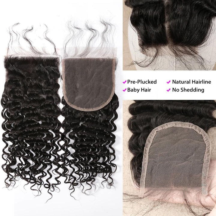 28 30 32 inch Deep Wave 3 Bundles With 4x4 Closure transparent lace Peruvian Remy Human Hair Weaves