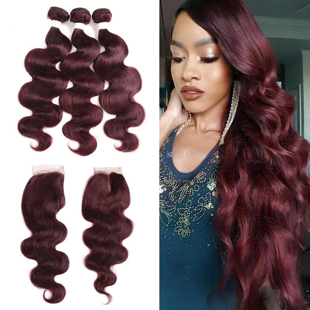 99J Body Wave 3 Bundles With 4X4 Lace Closure pre-Colored 100% virgin human hair