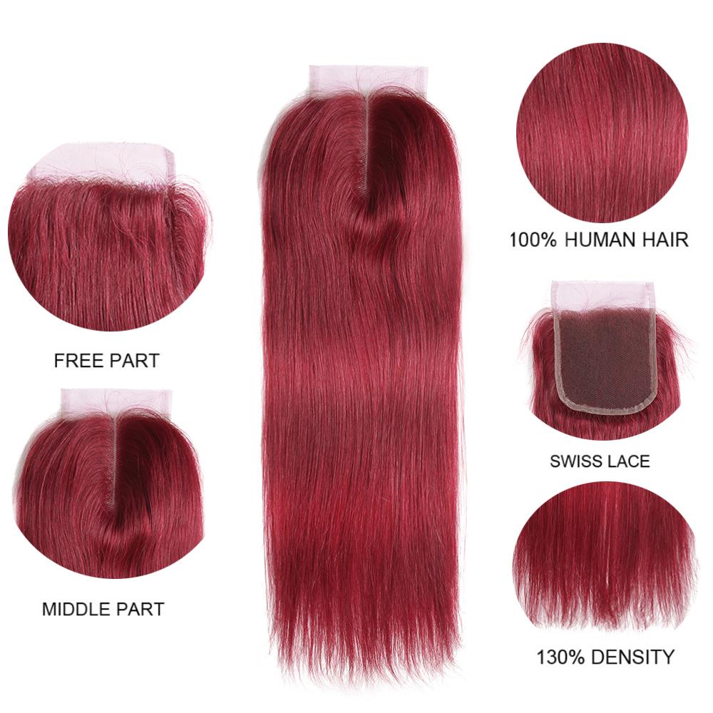 color burg Straight Hair 3 Bundles With Closure 4x4 pré-coloré 100% cheveux humains vierges 
