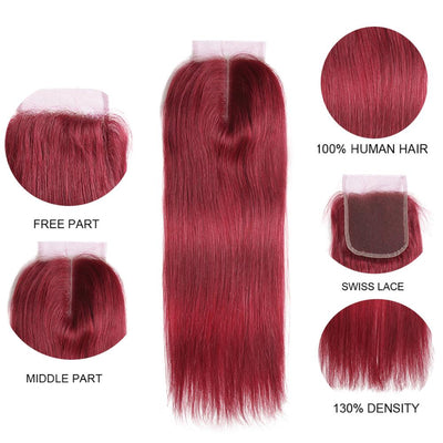 color burg Straight Hair 3 Bundles With Closure 4x4 pre Colored 100% virgin human hair