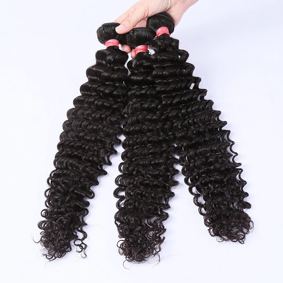 28 30 32 inch Deep Wave 3 Bundles With 4x4 Closure transparent lace Peruvian Remy Human Hair Weaves