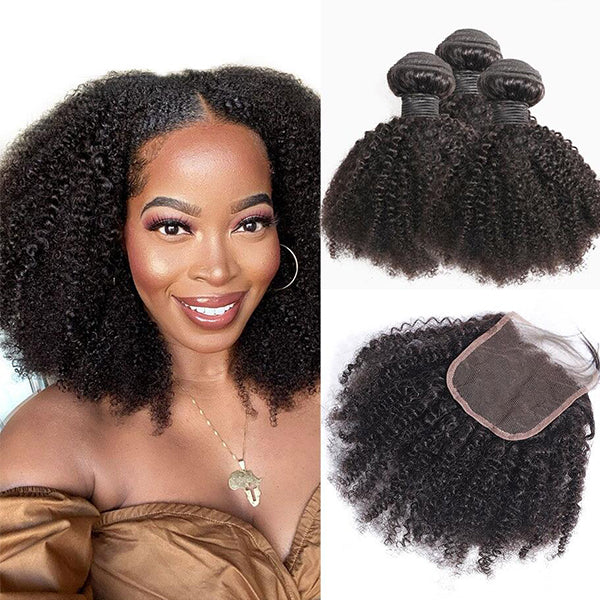 Afro Curly 3 Bundles avec 4X4 Lace Closure 100% Cheveux Humains 