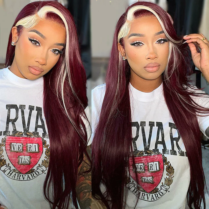 13x4 HD Lace Frontal Wig body wave Skunk Stripe Wig #99j Color With 613 Lace Front Pre Plucked With Baby Hair Side Part