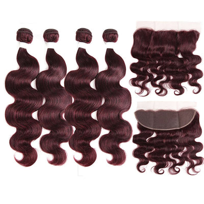 lumiere Red Bundles Color 99j body wave 4 Bundles With 13x4 Lace Frontal Pre Colored Ear To Ear
