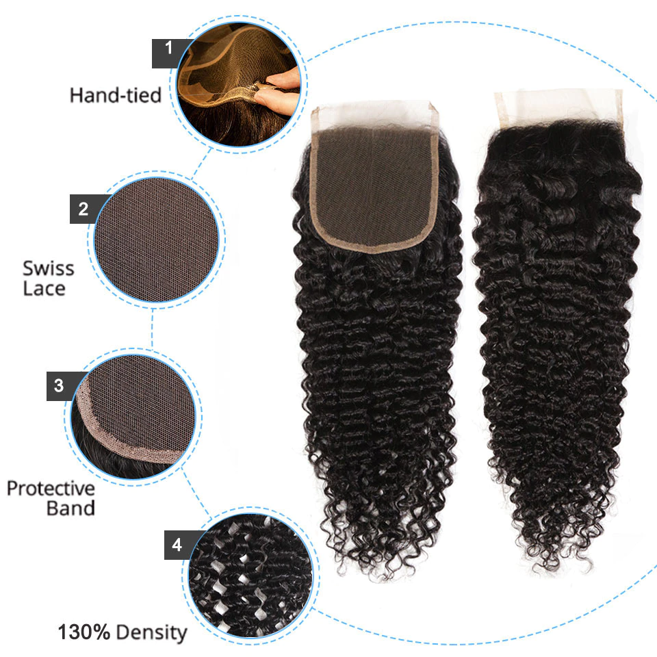 Les cheveux brésiliens bouclés crépus empaquettent 3 paquets avec l'extension de cheveux humains de Remy de fermeture de lacet 4x4
