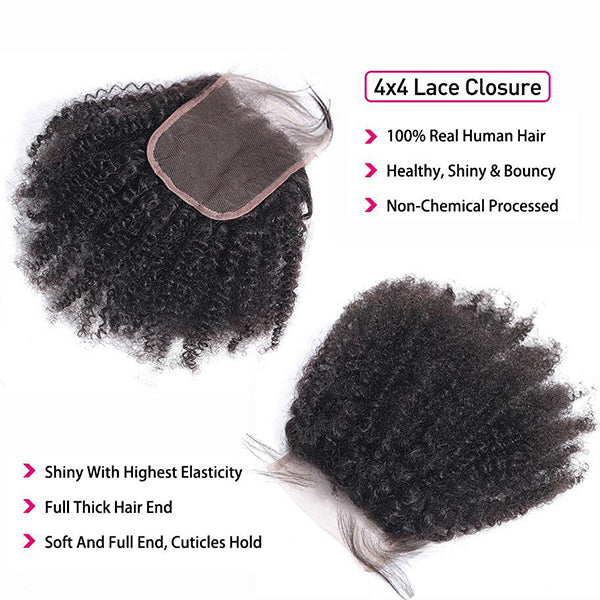 4 pacotes de cabelo afro encaracolado malaio com fecho extensões de cabelo humano pré-depiladas com fecho de renda 4x4 