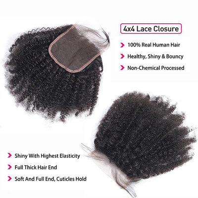 Malaysian Afro Curly Hair 4 Bundles with 4x4 Lace Closure PrePlucked HumanHair Extensions