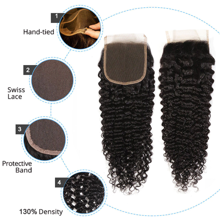 Cheveux bouclés malaisiens crépus 4 faisceaux avec fermeture Extensions de cheveux humains pré-plumés avec fermeture à lacet 4x4