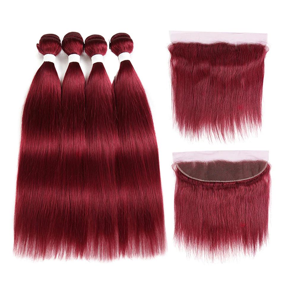 Red Bundles Color burg straight hair 4 Bundles With 13x4 Lace Frontal Pre Colored Ear To Ear