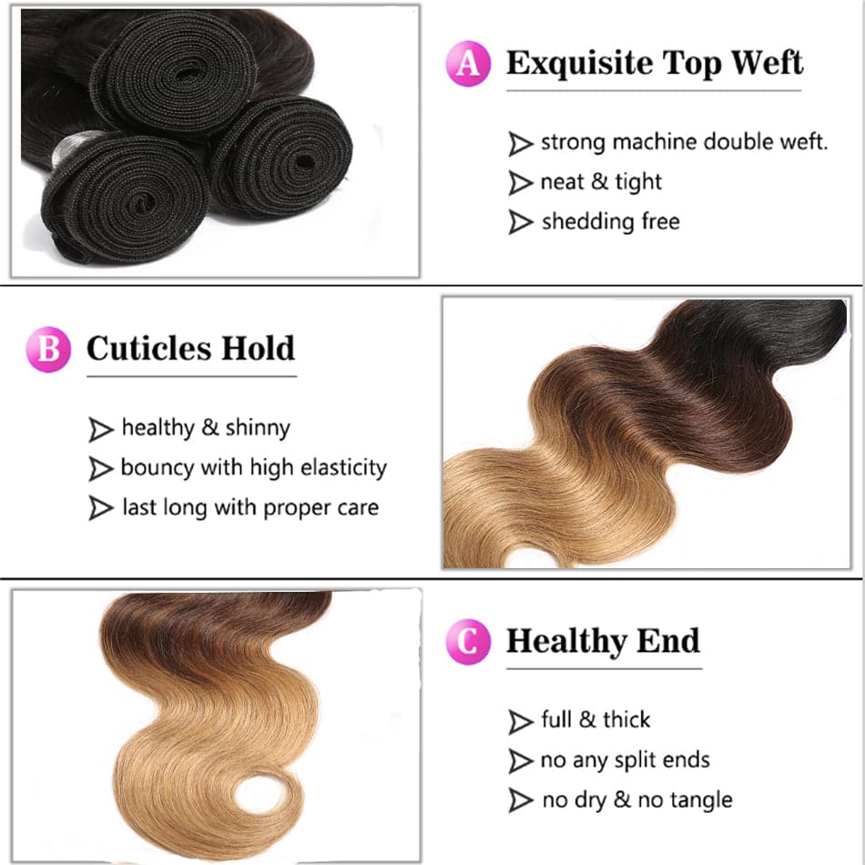 lumiere Hair 3 Bundles Ombre Color 1b/4/27 Body Wave Virgin Hair