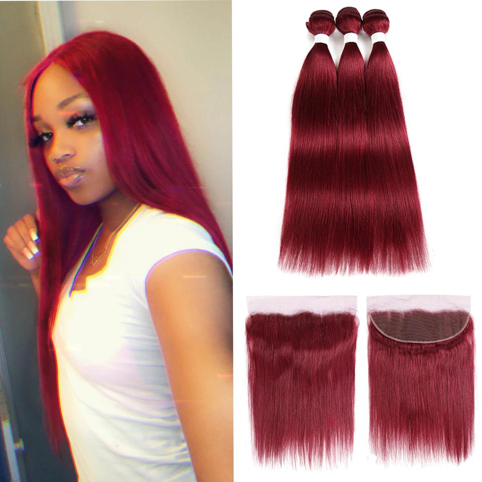 red bundles burg straight hair 3 Bundles With 13x4 Lace Frontal Pre Colored Ear To Ear