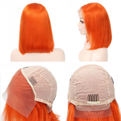 Orange Short Bob Colored Wigs For Girls HD Lace Front Human Hair Wigs 180 Density