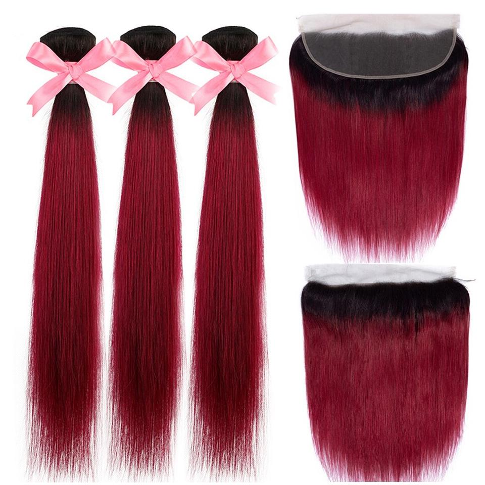 1B/BURG Ombre Straight Hair 3 Bundles With 13x4 Lace Frontal Pre Colored Ear To Ear