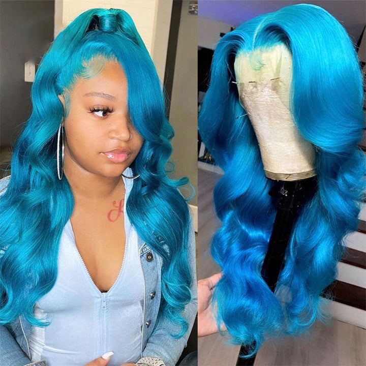 Peruca de cabelo humano frontal de renda colorida azul lago para mulheres negras 