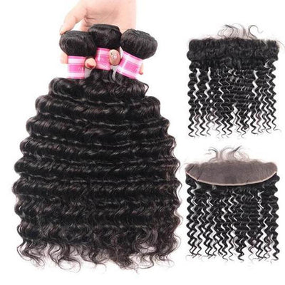 lumiere Indian Virgin Hair Deep Wave 3 Bundles with 13*4 Lace Frontal