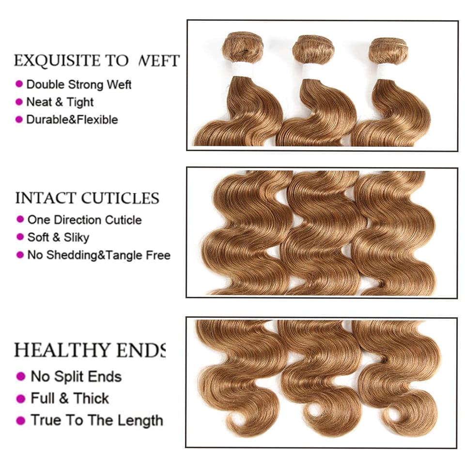 Color #27 light Brown Body Wave Weave 3 Bundles Virgin Human Hair Extension - Lumiere hair