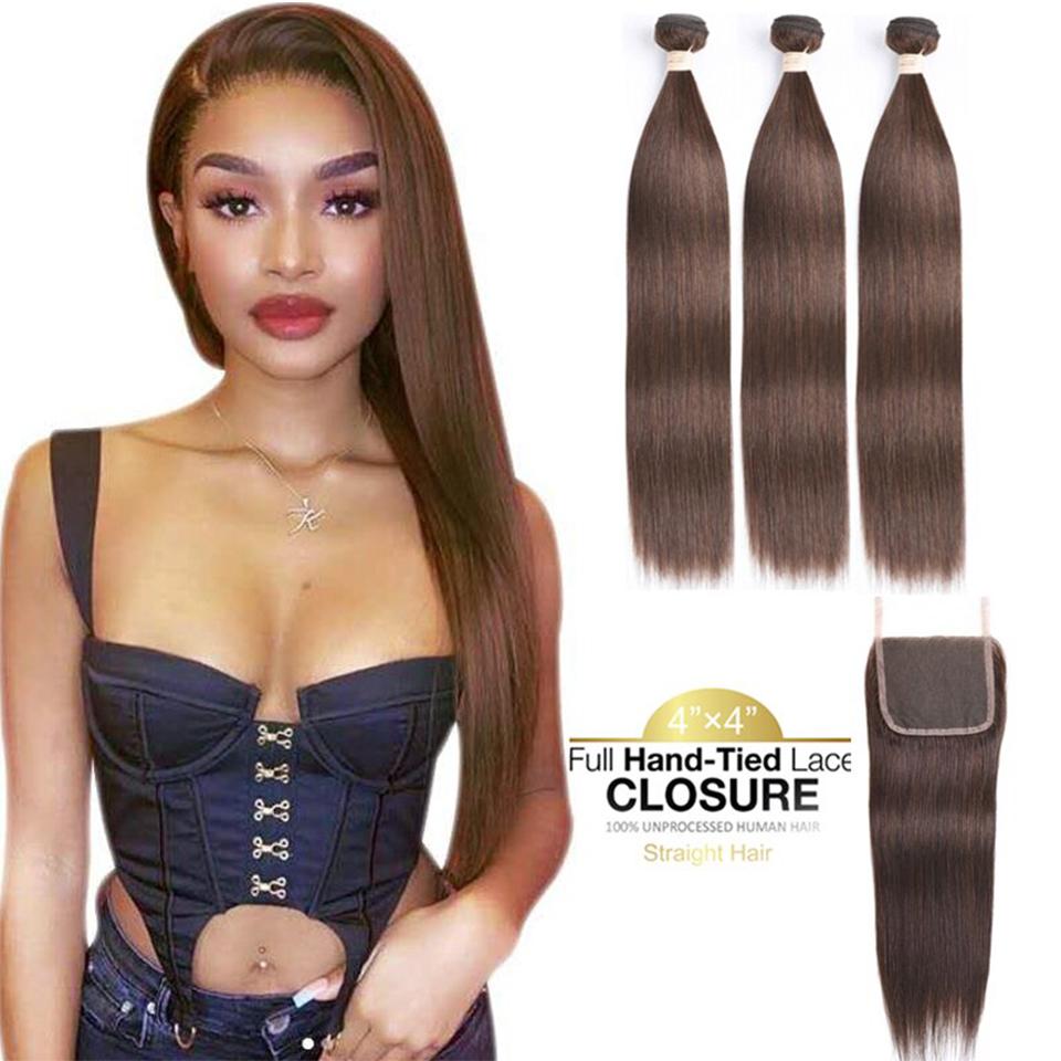 lumiere #4 Brown Straight Hair 3 Bundles With Closure 4x4 pre Colored - Lumiere hair