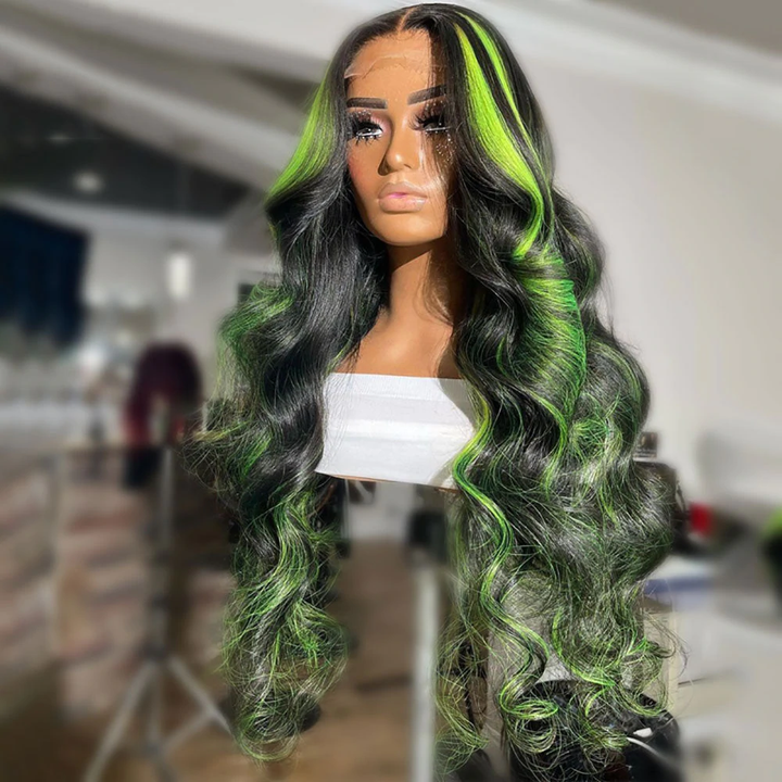 Peruca de cabelo humano verde preto destaque onda frente renda 