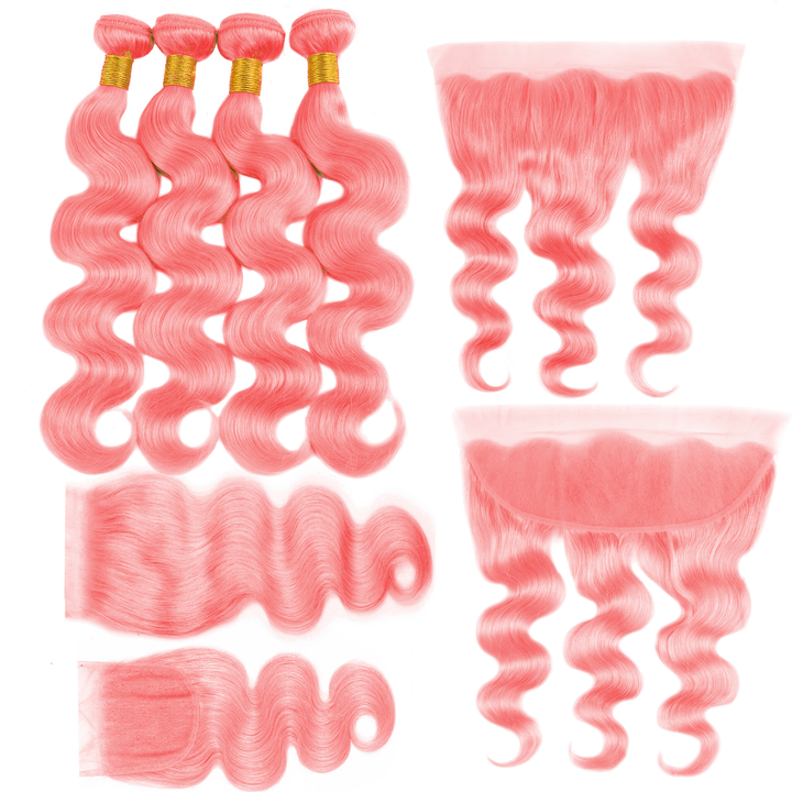 Onda corporal rosa claro 3 pacotes com frontal de renda 13 x 4 / fechamento de renda 4 x 4 100% cabelo humano 