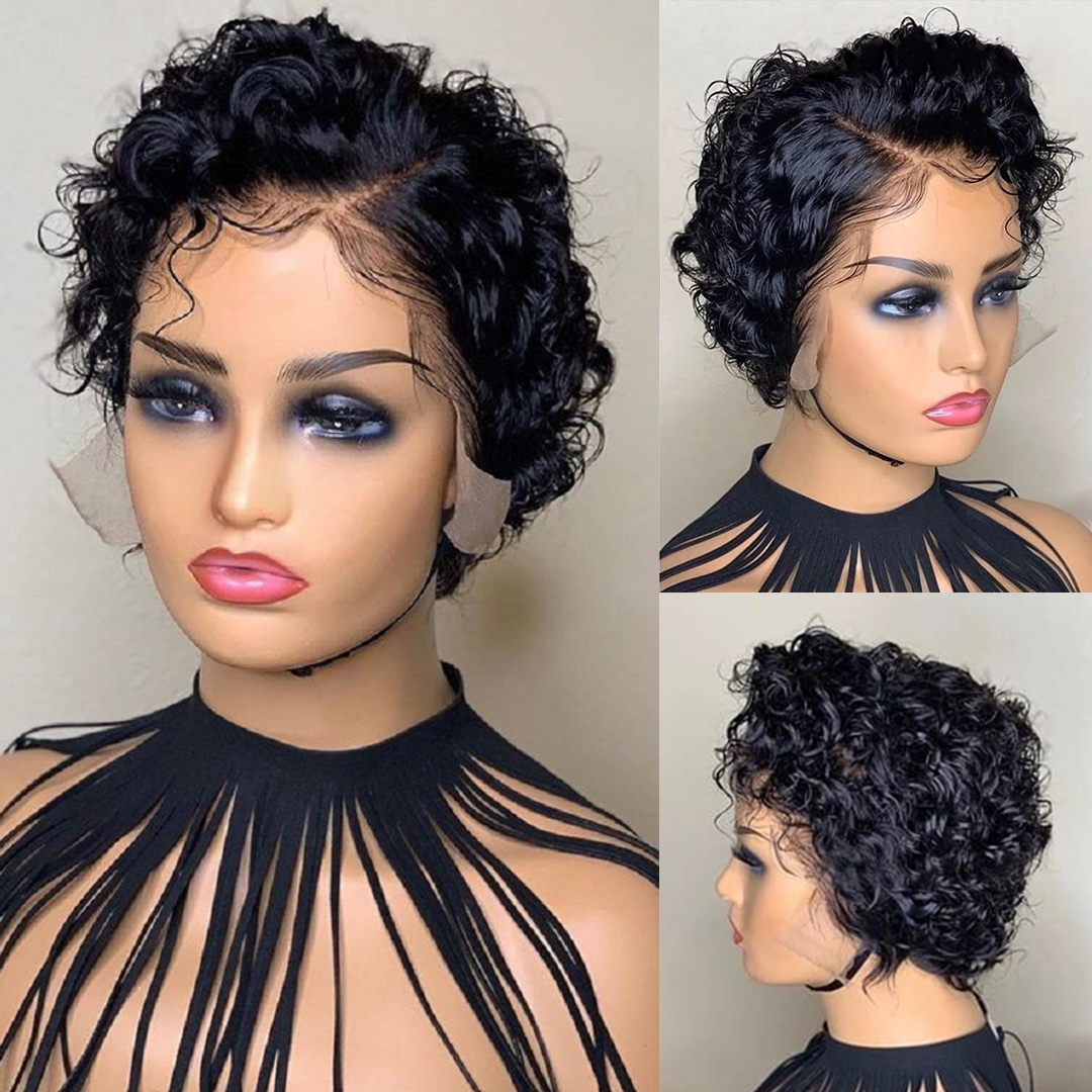 Natural Black 13x1 T Lace Side Part Kinky Curly Short Pixie Cut Bob Wigs For Women