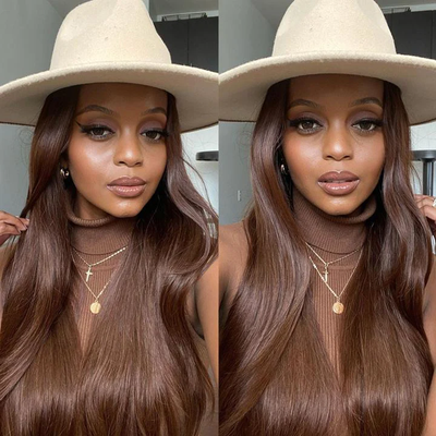 Hot Chestnut Brown 4x4 / 13x4 Lace Front Straight Perruques de cheveux humains pré colorés Perruque de cheveux brésiliens 