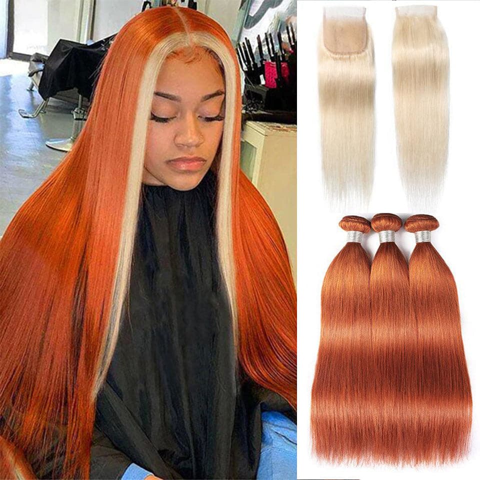 Ginger Blonde Hair Bundles Straight Hair Bundles with Closure Ombre Color 3 Bundles with 4x4 HD lace Closure
