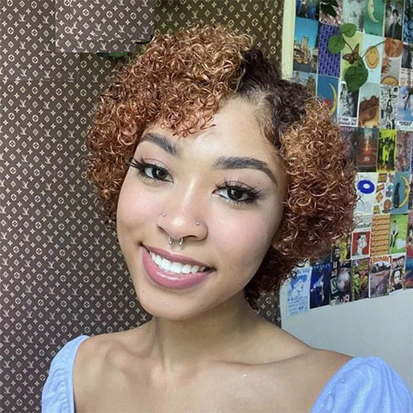 1B/30 Ombre Blonde Brown Short Curly Lace Part Colored Wig For Black Women Human Hair