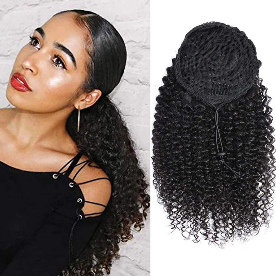 Kinky Curly Drawstring Ponytail Brazilian Human Hair For Women Extensions