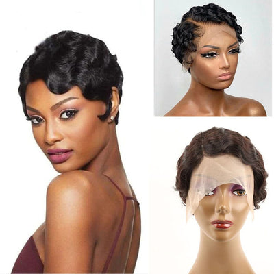 Short Wigs Human Hair For Women Part Lace Wig Brazilian Finger Wave Wig Short Pixie Cut Wig Natural Color Glueless 150%