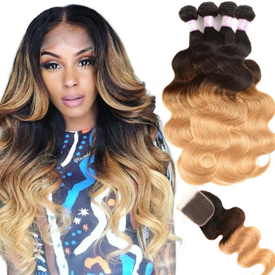 Indian Ombre 1b/4/27 Body Wave 4 Bundles with 4X4 lace Closure Human Hair - Lumiere hair
