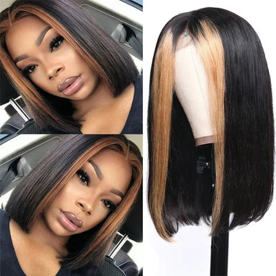 Honey Blonde Highlights Straight Short Bob 13x4 Lace Front Wig Natural Hairline