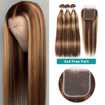 Highlight P4/27 Straight 3 Bundles with 4x4 Lace Closure Human Hair
