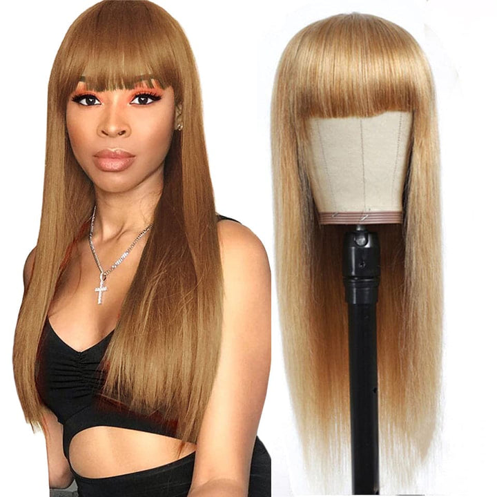 Straight Hair #27 light brown Machine Made None Lace Wig With Bangs 8-24 Inches Virgin Hair