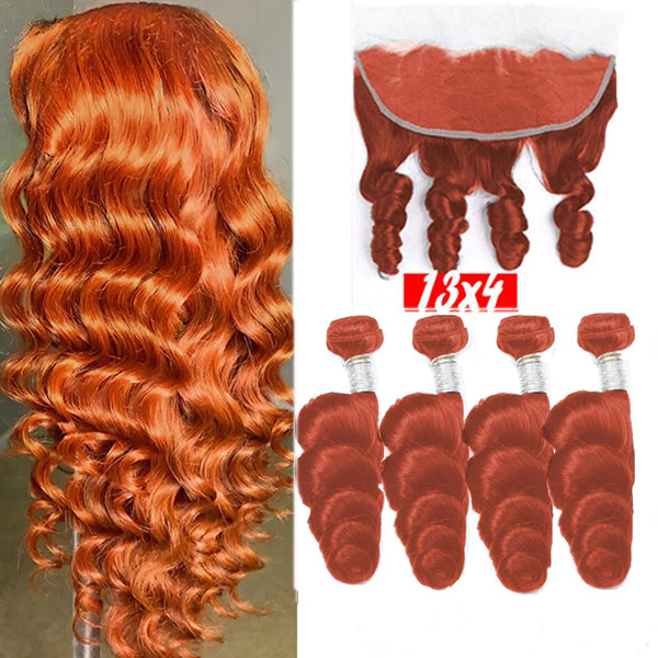 Cabelo ondulado laranja ruivo 4 feixes com cabelo brasileiro frontal trançado feixes coloridos de onda solta 8-26 com frontal 