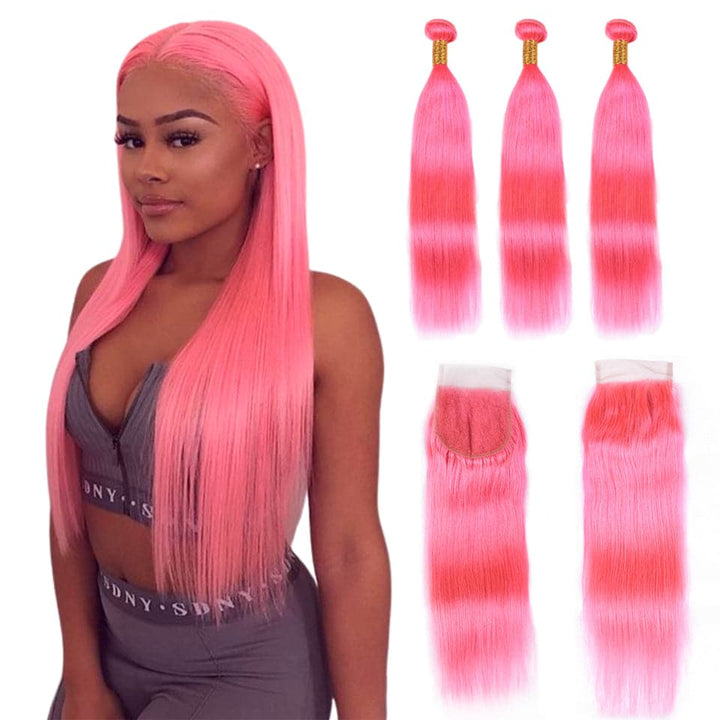 3 pacotes de cabelo liso cor de rosa com extensões de cabelo humano 4x4 HD com fecho de renda 