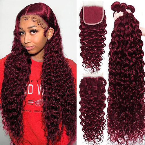 Red Bundles 99J Colored Water Wave 3 Bundles With 4X4 HD Transparent Lace Closure Human Hair