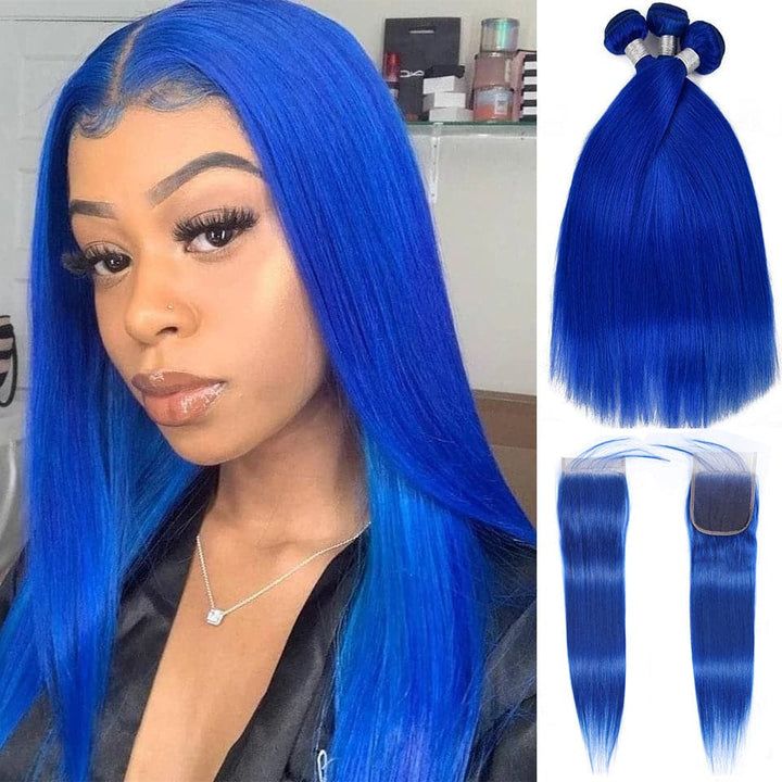 Klein Blue Color Straight 3 Bundles com extensões de cabelo humano 4x4 HD com fecho de renda 