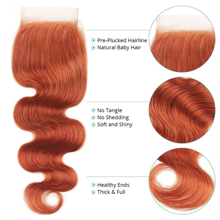 350 Ginger Orange Body Wave 3 Bundles avec 4x4 Lace Closure 100% Remy Hair Extension 