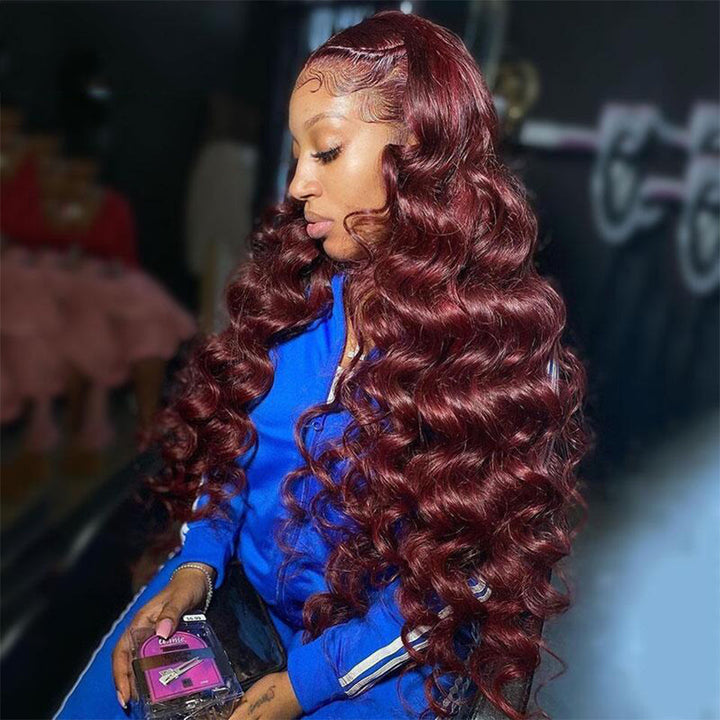 99J Color Loose Deep Wave Lace Frontal Pre Plucked Natural Hairline Real Human Hair Wig
