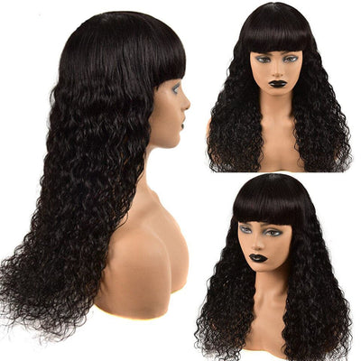 Water Wave Full Machine Made None Lace Front Wigs With Bangs Human Hair Wigs
