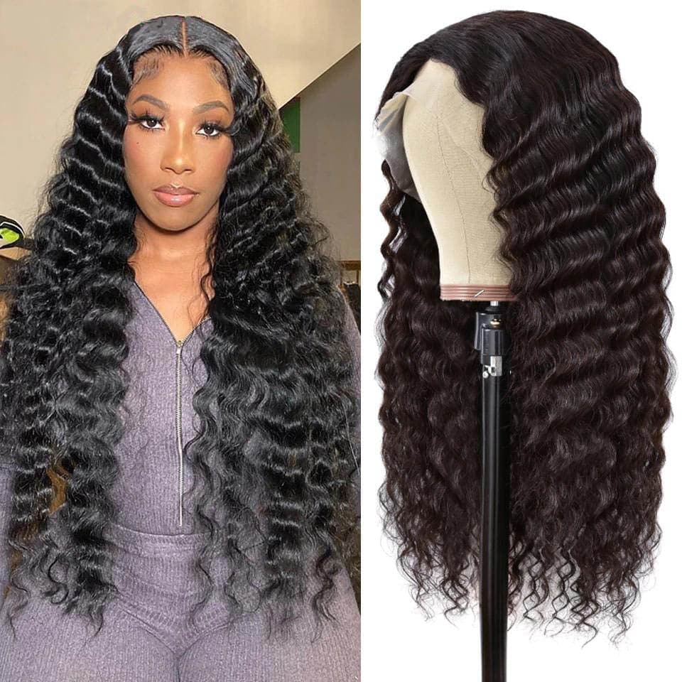 Deep Wave Human Hair Wigs 4x4x1 T Part Lace closure Wig For Black Women Prelucked Hairline