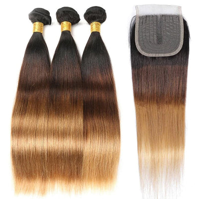 Peruvian Ombre 1b/4/27 Straight 3 Bundles with 4X4 lace Closure Human Hair - Lumiere hair